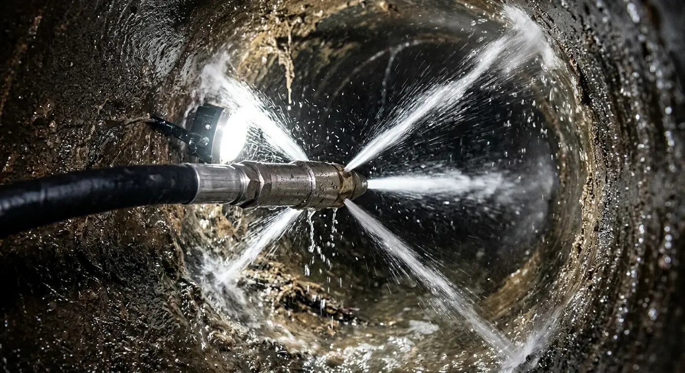 High-pressure hydro jetting nozzle cleaning sewer pipe for Emergency Drain Service in Elizabeth