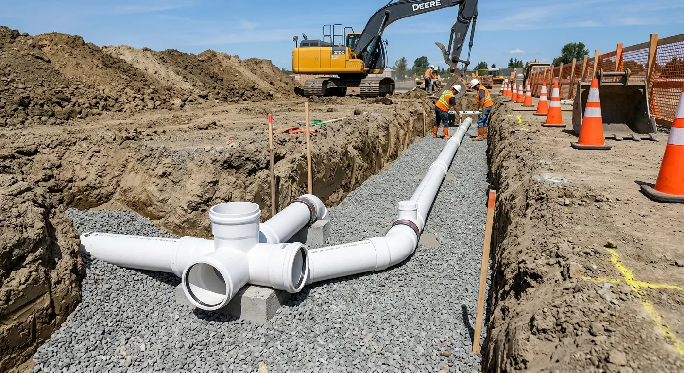 New PVC sewer pipe installation in open trench for Commercial Drain Cleaning in Elizabeth