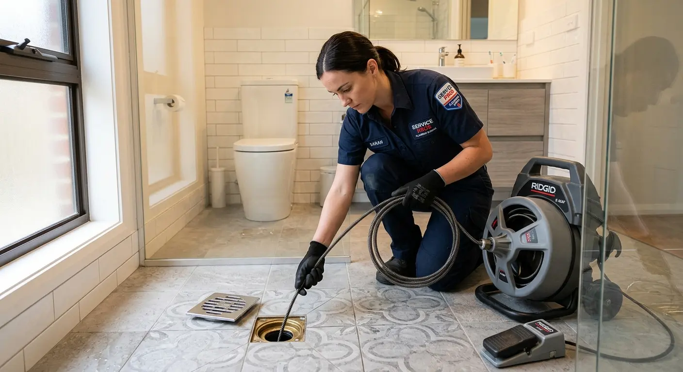 Technician clearing a bathroom floor drain for Clogged Drain Repair in Elizabeth